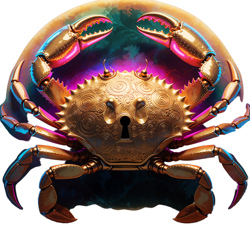 Złota rzeźba mechanicznego kraba z dziurką od klucza - symbol mechaniki Bonus Crab w Wyns Casino