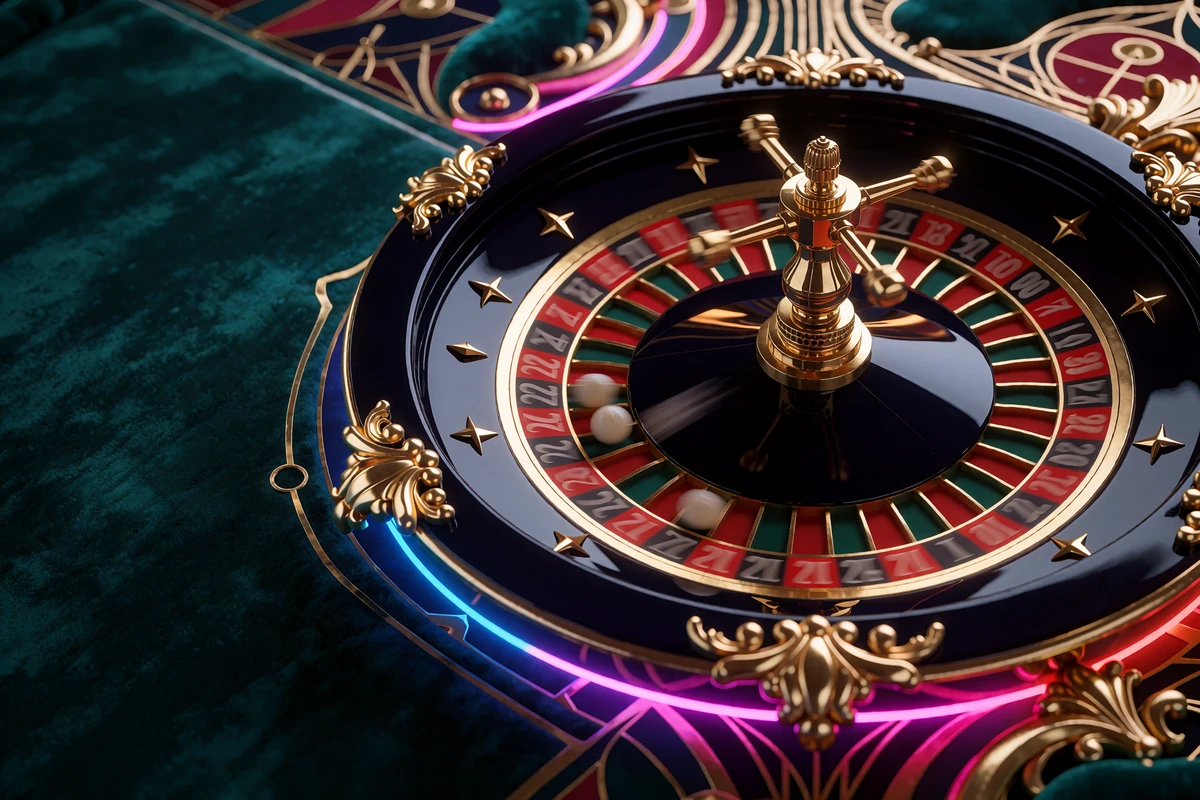 Czarno-złote koło ruletki z kulką w ruchu na zielonym suknie - kasyno live w Wyns Casino