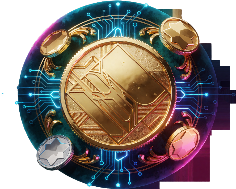 Złote monety kryptowalut połączone świecącym obwodem - oferta Crypto Welcome w Wyns Casino