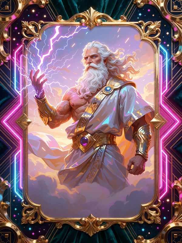 B&oacute;g burzy z siwą brodą i błyskawicą w dłoni - kafelek slotu Gods of Olympus w Wyns Casino