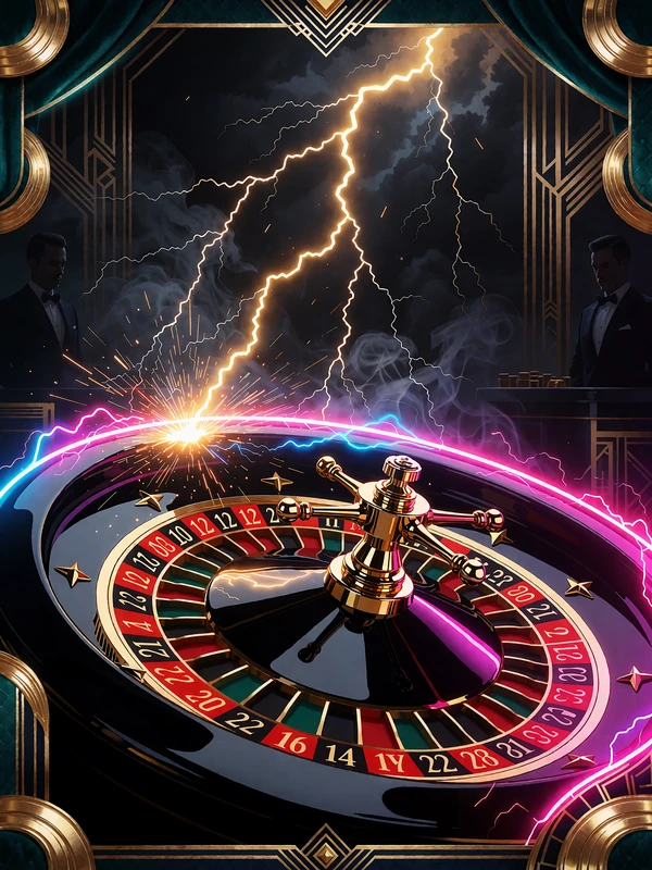 Czarno-złote koło ruletki trafione złotymi błyskawicami - kafelek gry Lightning Roulette live